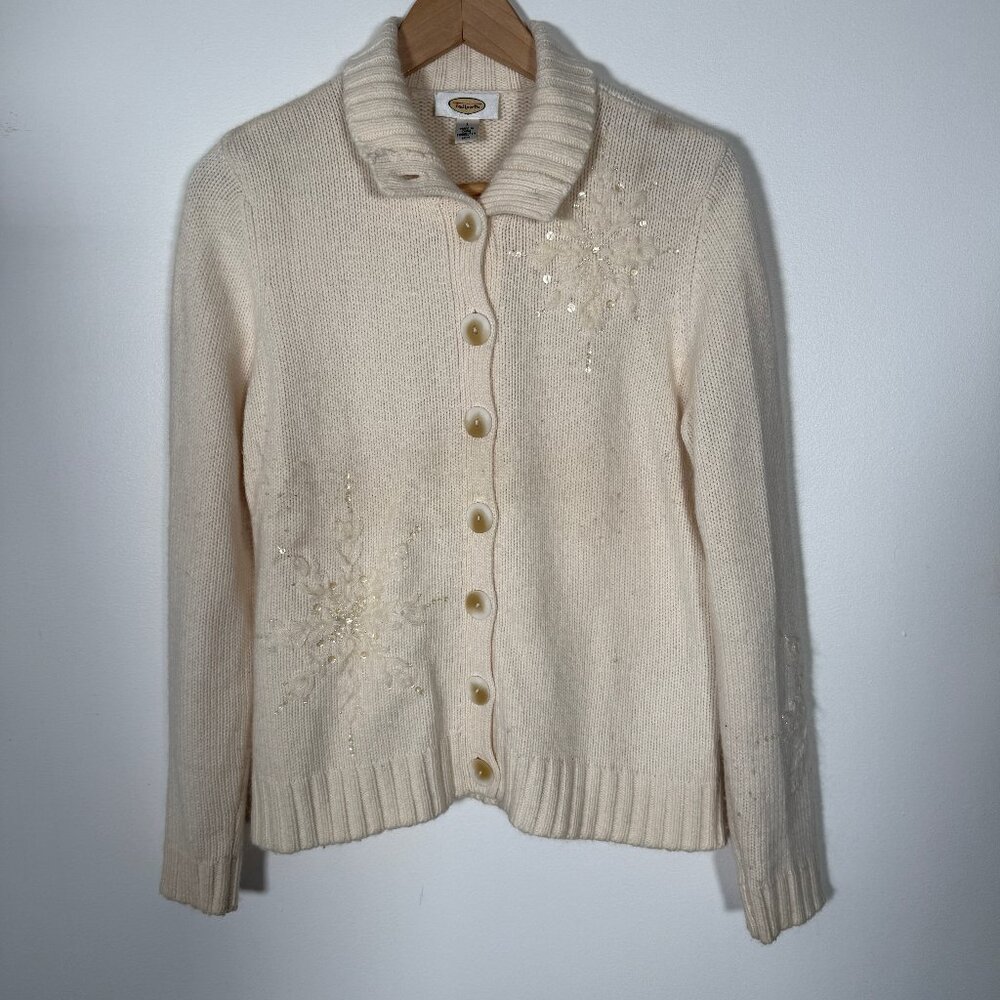 Vintage Talbots Cardigan Sweater Lambswool Holiday Snowflake Sequin Winter L